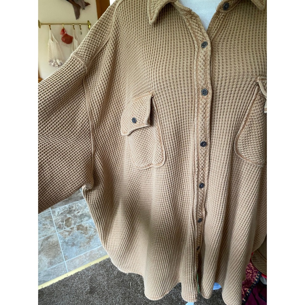 Aerie LumberJane Waffle Knit Button Down Shirt Shacket XL Tan Oversized Gorpcore - Picture 3 of 6